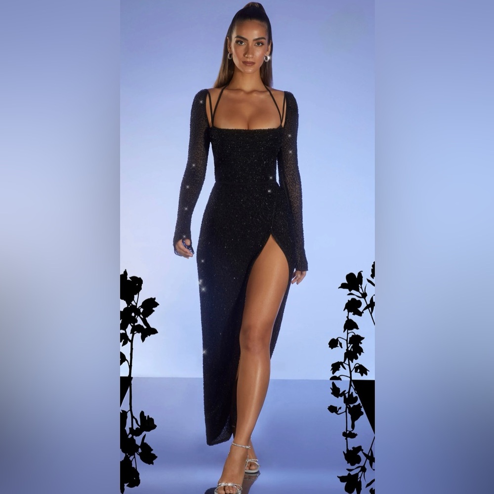 Oh Polly CHAMPEL Embellished Cowl Neck Maxi Dress in Black